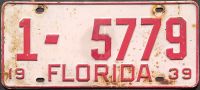 FLORIDA 1939 LICENSE PLATE - B