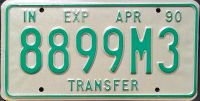 INDIANA 1990 TRANSFER LICENSE PLATE