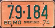 MISSOURI 1974 APPORTIONED TRUCK LICENSE PLATE - B
