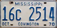 MISSISSIPPI 1970 LICENSE PLATE